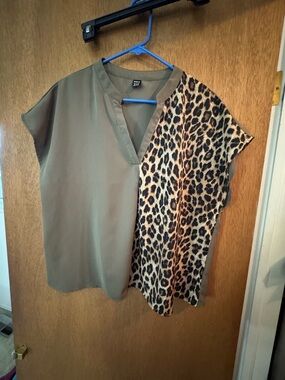 SHEIN Olive and Leopard Print V-Notch Blouse